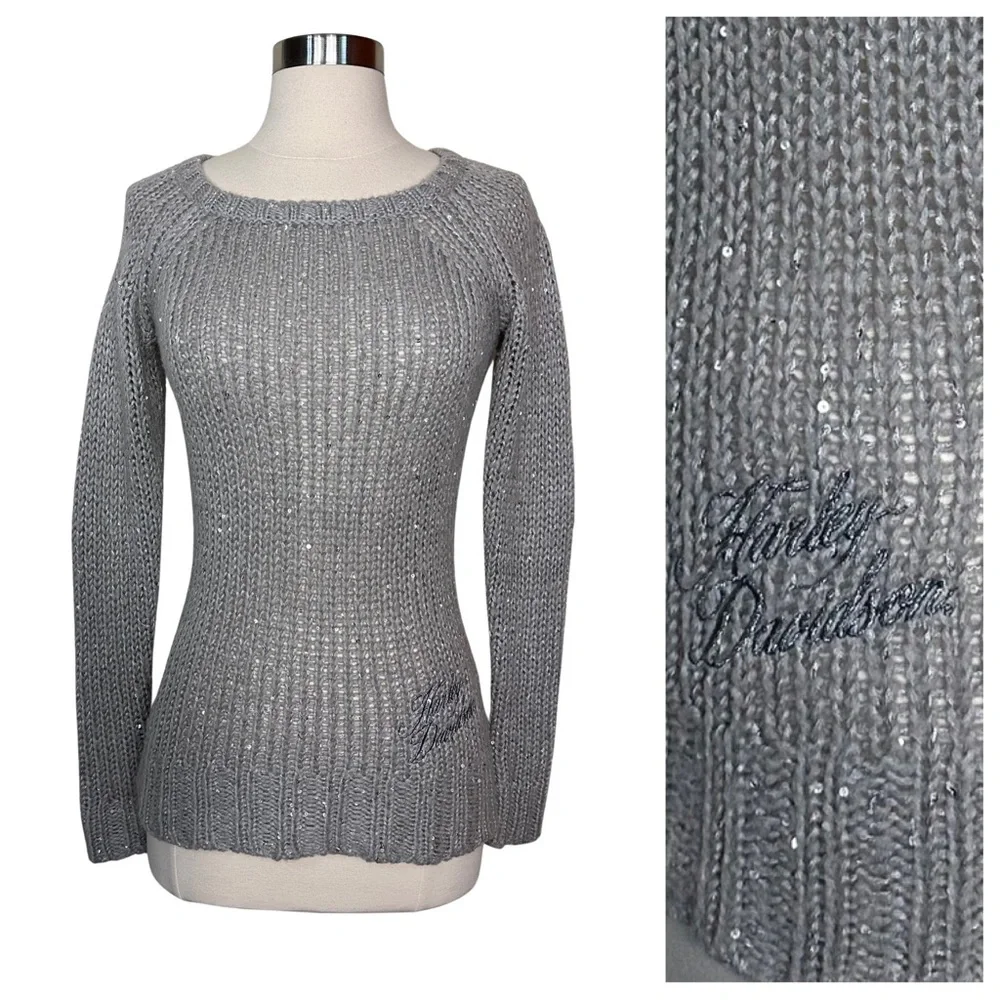 Harley Davidson Sequined Gray Open Knit Scoop Neck Embroidered Silver Sweater XS